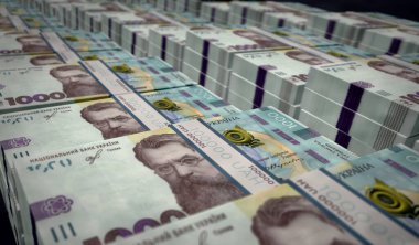 Ukrayna Hryvnia para paketi 3D resim. 1000 UAH Hryvna banknot destesi. Ukrayna 'da finans, nakit, ekonomi krizi, iş başarısı, durgunluk, banka, vergi ve borç kavramı.