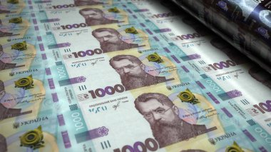 Ukrayna Hryvnia para paketi 3D resim. 1000 UAH Hryvna banknot baskısı. Ukrayna 'da finans, nakit, ekonomi krizi, iş başarısı, durgunluk, banka, vergi ve borç kavramı.
