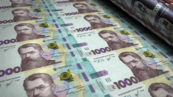 Ukrainska Hryvnia Pengar Sedlar Utskrift Rulle Maskin Loop Papper 1000 — Stockvideo