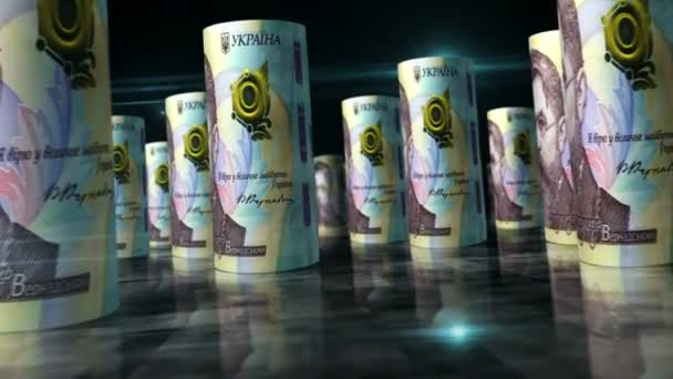 乌克兰Hryvnia滚动循环3D动画 钱在桌子上 关于经济 商业和衰退的无缝隙和易碎的抽象概念 Uah乌克兰Hryvna之间的照相机 — 图库视频影像