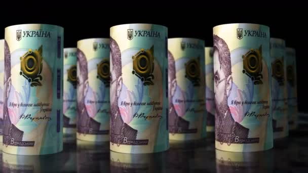 Ucraniano Hryvnia Dinheiro Rolos Loop Animação Câmera Movendo Frente Das — Vídeo de Stock