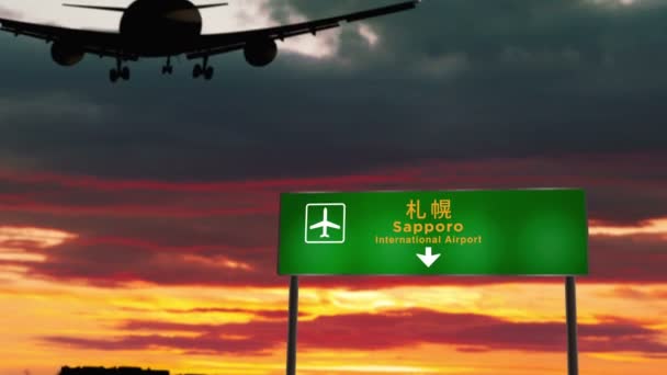 Silueta Avión Aterrizando Sapporo Japón Llegada Ciudad Con Letrero Dirección — Vídeo de stock