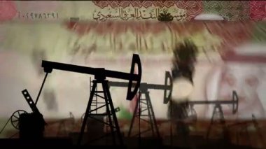 Suudi Arabistan Riyal para sayma makinesi ve yağ pompası. Petrol kulesi ve banknotlarla yakıt işi sayılır. Ekonomik soyut kavram arka plan illüstrasyonu döngüsel ve pürüzsüz.