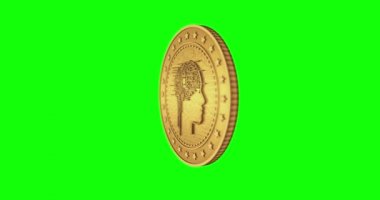 Yapay Zeka Yapay Zeka, yeşil ekran döngülü arka planda altın madeni para buldu. Dönen altın metal döngüsü soyut kavram. 3B döngü kusursuz canlandırma.