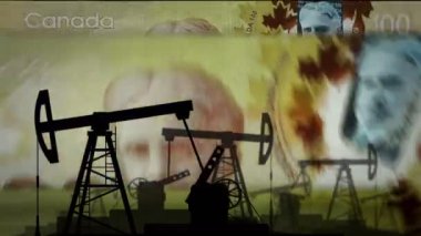Kanada Doları para sayma makinesi ve yağ pompası. Petrol kulesi ve banknotlarla yakıt işi sayılır. Ekonomik soyut kavram arka plan illüstrasyonu döngüsel ve pürüzsüz.