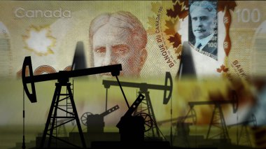 Kanada Doları para sayma makinesi ve yağ pompası. Petrol kulesi ve banknotlarla yakıt işi sayılır. Ekonomik soyut kavram arka plan illüstrasyonu.