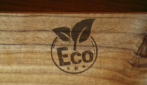 Selo Ecológico Impresso Caixa Madeira Conceito Ecologia Ambiente Clima — Fotografia de Stock