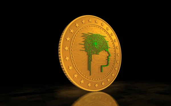 Τεχνητή Νοημοσύνη Σύμβολο Χρυσό Νόμισμα Πράσινο Φόντο Οθόνη Αφηρημένη Έννοια — Φωτογραφία Αρχείου