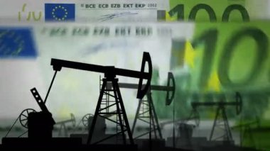 Yağ pompalı 100 Euro para sayma makinesi. Petrol kulesi ve banknotlarla yakıt işi sayılır. Ekonomik soyut kavram arka plan döngüsel ve pürüzsüz.