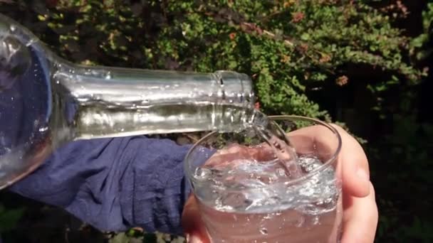 Gießen Klares Wasser Aus Einer Flasche Ein Glas Der Hand — Stockvideo