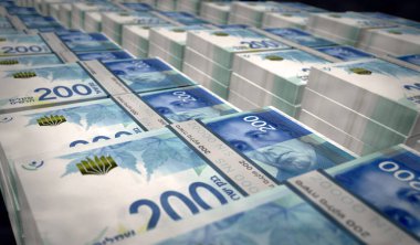 İsrail para paketi 3D illüstrasyon. 200 NIS banknot destesi. İsrail 'de finans, nakit, ekonomi krizi, iş başarısı, durgunluk, banka, vergi ve borç kavramı.