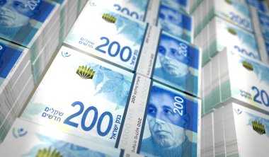 İsrail para paketi 3D illüstrasyon. 200 NIS banknot destesi. İsrail 'de finans, nakit, ekonomi krizi, iş başarısı, durgunluk, banka, vergi ve borç kavramı.
