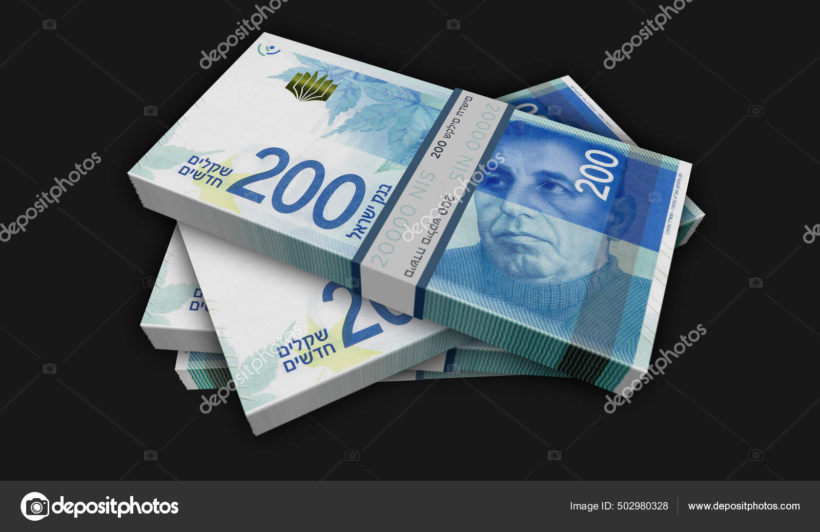 Israeli Shekel Money Pack Illustration 200 Nis Banknote Bundle Stacks —  Stock Photo © Skorzewiak #502980328