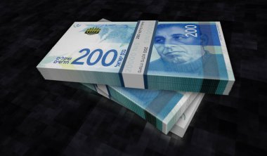 İsrail para paketi 3D illüstrasyon. 200 NIS banknot destesi. İsrail 'de finans, nakit, ekonomi krizi, iş başarısı, durgunluk, banka, vergi ve borç kavramı.