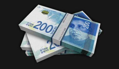 İsrail para paketi 3D illüstrasyon. 200 NIS banknot destesi. İsrail 'de finans, nakit, ekonomi krizi, iş başarısı, durgunluk, banka, vergi ve borç kavramı.