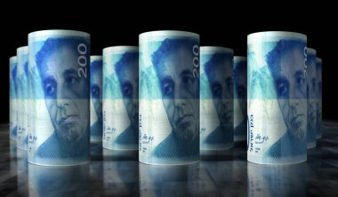 İsrail para paketi 3D illüstrasyon. 200 NIS banknot rulosu. İsrail 'de finans, nakit, ekonomi krizi, iş başarısı, durgunluk, banka, vergi ve borç kavramı.