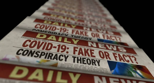 Covid-19 pandemic news fake or fact. Newspaper print. Vintage press abstract concept. Retro 3d rendering illustration.
