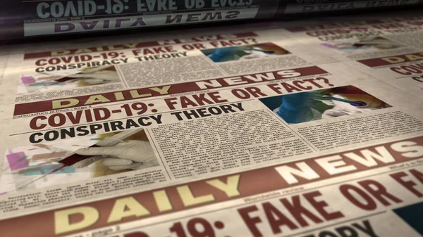 Covid-19 pandemic news fake or fact. Newspaper print. Vintage press abstract concept. Retro 3d rendering illustration.