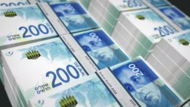 İsrail şekeli para paketi 3D animasyon döngüsü. Döngüsüz finans, nakit, ekonomi, iş ve banka kavramı İsrail 'de. 200 NIS banknot destesi üzerinde hareket eden kamera.