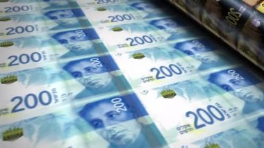 İsrail şekeri para basma makinesi döngüsü banknotları. Kağıt 200 NIS banknot baskısı 3D döngü kusursuz. İsrail 'de bankacılık, borç, finans, ekonomi ve kriz gibi soyut kavramlar.