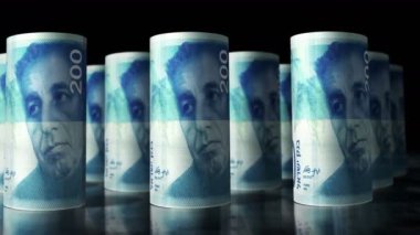 İsrail para ruloları 3D animasyon döngüsü. Kamera 200 NIS 'in önünde hareket ediyor. İsrail 'de kusursuz döngüsüz ekonomi, finans, iş ve borç kavramı.