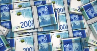 İsrail şekeli banknotlar 3D animasyon. Kamera görüntüsü şehirlerarası. NIS para paketleri. İsrail 'de enflasyon, ekonomi, kriz, iş, bankacılık, borç ve finans kavramı.