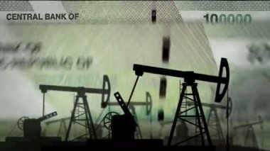 İran Rial para sayma makinesi ve yağ pompası. Petrol kulesi ve banknotlarla yakıt işi sayılır. Ekonomik soyut kavram arka plan illüstrasyonu döngüsel ve pürüzsüz.