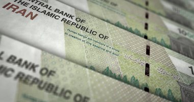 İranlı Rial para baskısı 3D çizim. IRR banknot baskısı. İran 'da finans, nakit, ekonomi krizi, iş başarısı, durgunluk, banka, vergi ve borç kavramı.