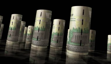 İranlı Rial para paketi 3D çizim. IRR banknot desteleri. İran 'da finans, nakit, ekonomi krizi, iş başarısı, durgunluk, banka, vergi ve borç kavramı.