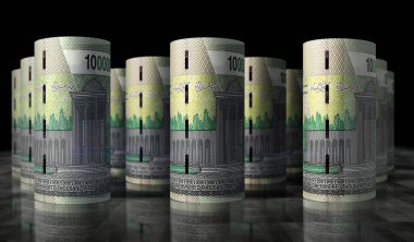 İranlı Rial para paketi 3D çizim. IRR banknot desteleri. İran 'da finans, nakit, ekonomi krizi, iş başarısı, durgunluk, banka, vergi ve borç kavramı.