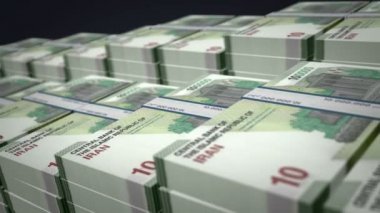 İran 'ın Rial banknotları büyümeye devam ediyor. IRR para yığınları. İran 'da nakit paketi, bankacılık, seyahat, iş, ekonomi ve finans kavramı. Döngüsüz 3D canlandırma.