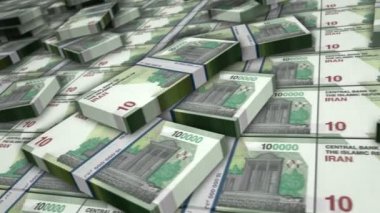 İran Rial banknot döngüsü. IRR para yığınları. İran 'da iş, ekonomi, bankacılık ve finans kavramı. Para paketlerinin üzerinde kamera var. Döngüsüz 3D canlandırma.