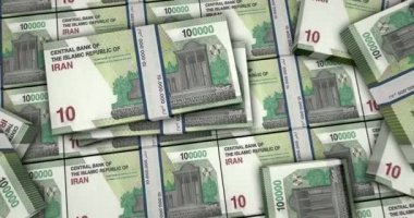 İranlı Rial banknotları 3D animasyon. Kamera görüntüsü şehirlerarası. NIS para paketleri. İran 'da enflasyon, ekonomi, kriz, iş, bankacılık, borç ve finans kavramı.