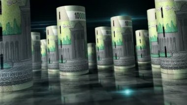 İranlı Rial ruloları 3D animasyon döngüsü. Masada para var. Kusursuz ve döngüsüz soyut ekonomi, finans, iş ve durgunluk kavramı. NIS İranlı banknotlar arasındaki kamera kaydı.