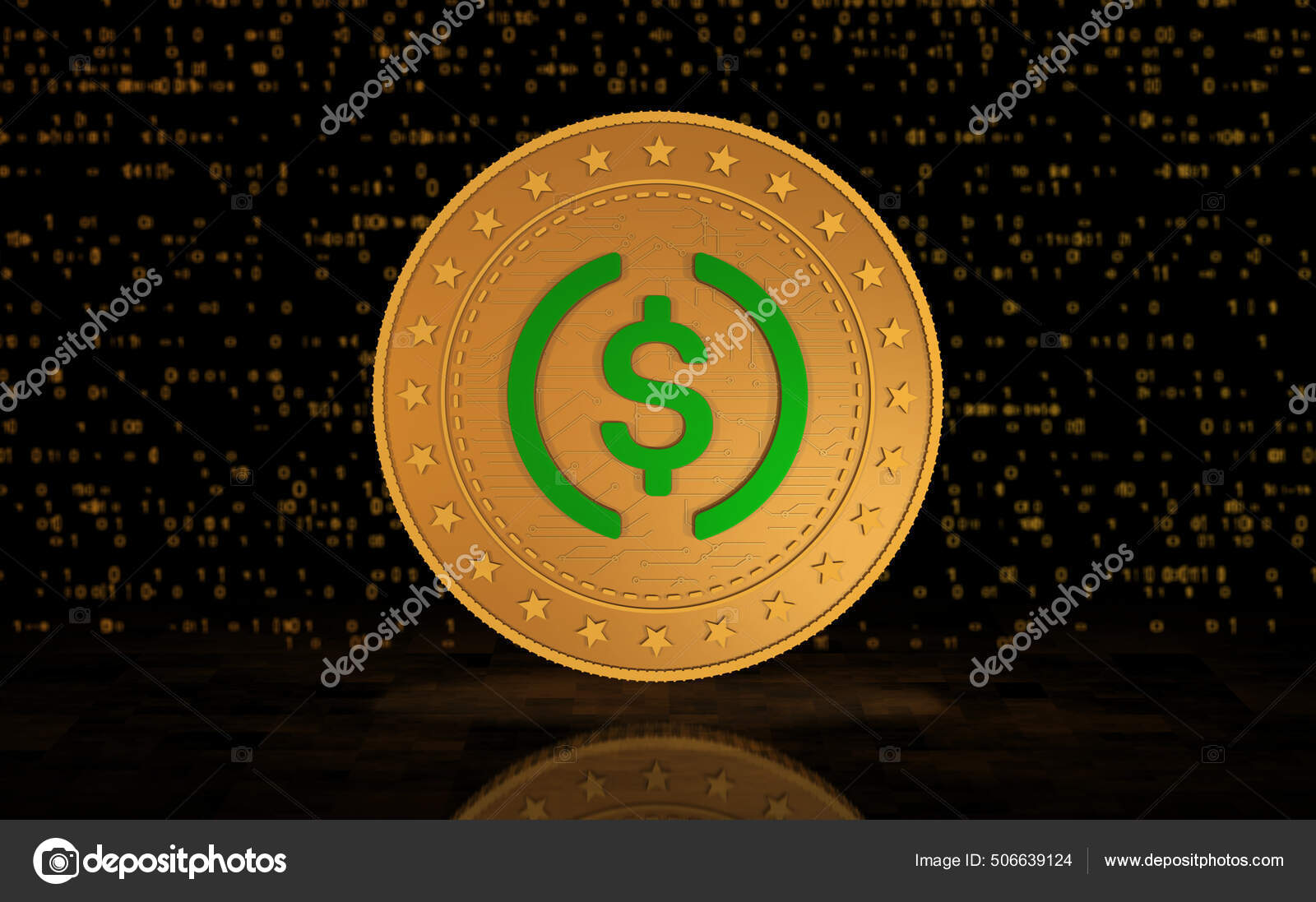 Usdc加密货币符号美元金币绿色屏幕背景抽象概念3D说明——图库图片© Skorzewiak #506639124