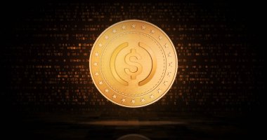USDC kripto para sembolü yeşil ekranda altın USD para. Soyut konsept 3d illüstrasyon.
