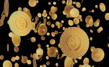 USDC kripto para sembolü yeşil ekranda altın USD para. Soyut konsept 3d illüstrasyon.