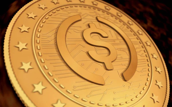 Usdc Σύμβολο Cryptocurrency Χρυσό Νόμισμα Usd Πράσινο Φόντο Οθόνη Αφηρημένη — Φωτογραφία Αρχείου