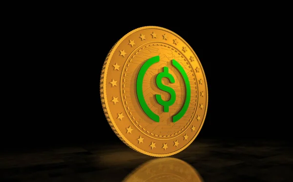 Usdc Σύμβολο Cryptocurrency Χρυσό Νόμισμα Usd Πράσινο Φόντο Οθόνη Αφηρημένη — Φωτογραφία Αρχείου