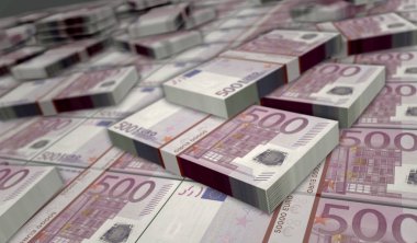 Euro para paketi 3D illüstrasyon. 500 Euro 'luk banknot destesi. Finans, nakit, ekonomi krizi, iş başarısı, durgunluk, banka, vergi ve borç kavramı. Avrupa Birliği 'nde Avro Bölgesi.