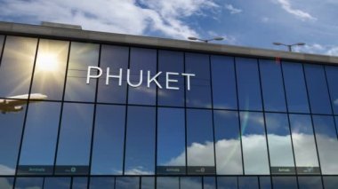 Phuket, Tayland 'a 3 boyutlu bir jet uçağı iniyor. Cam havaalanı terminali ve uçağın yansıması ile şehre varış. Seyahat, iş, turizm ve ulaşım kavramı.