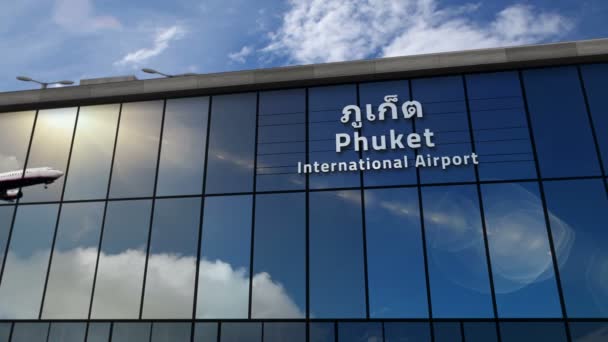 Flygplanslandning Vid Phuket Thailand Rendering Ankomst Till Staden Med Flygplatsterminalen — Stockvideo