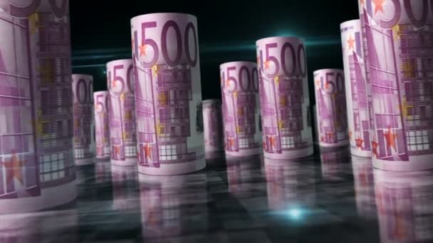 Euro Rolls Loop Animation Money Table Camera Eur Rolled Banknotes — Stock Video