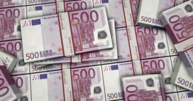 Euro banknotları 3D animasyon. Kamera görüntüsü şehirlerarası. 500 Avro para paketleri. Avrupa Birliği 'nde enflasyon, ekonomi, kriz, iş, başarı, bankacılık, borç ve finans kavramı.