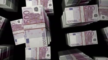 Avrupa para paketi döngüsü. EUR üzerinden uçuş banknotları üst görünüm istifliyor. Üç boyutlu, kusursuz bir animasyon. Ekonomi, kriz, bankacılık, işletme, durgunluk, borç, Avrupa 'da finans gibi soyut arka plan kavramları.