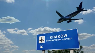 Uçak silueti Krakow, Krakow, Polonya 'ya iniyor. Uluslararası havaalanı yön tabelasıyla ve mavi gökyüzüyle şehrin gelişi. Seyahat, seyahat ve ulaşım konsepti 3D illüstrasyon.