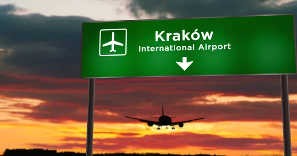 Landning Flygplan Krakow Krakow Polen City Ankomst Med Flygplats Riktning — Stockfoto