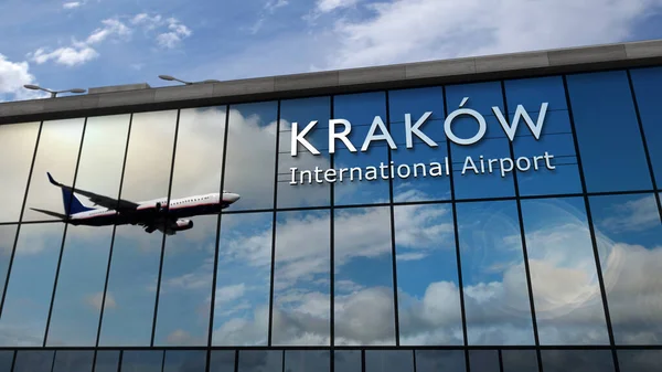 Aviones Aterrizando Cracovia Cracovia Polonia Ilustración Representación Llegada Ciudad Con —  Fotos de Stock