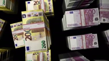 Euro para banknotları paket döngüsü. Avrupa Birliği 'nde ekonomi, durgunluk, enflasyon, kriz ve finans konularının soyut bir geçmişi vardır. 500 ve 200 EUR döngüsüz 3D animasyon.