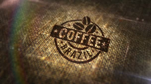 天然リネンの袋にコーヒーブラジルのサインスタンプ 製造業 生産国3Dレンダリングデザイン抽象的な概念 ループ状でシームレスなアニメーション — ストック動画